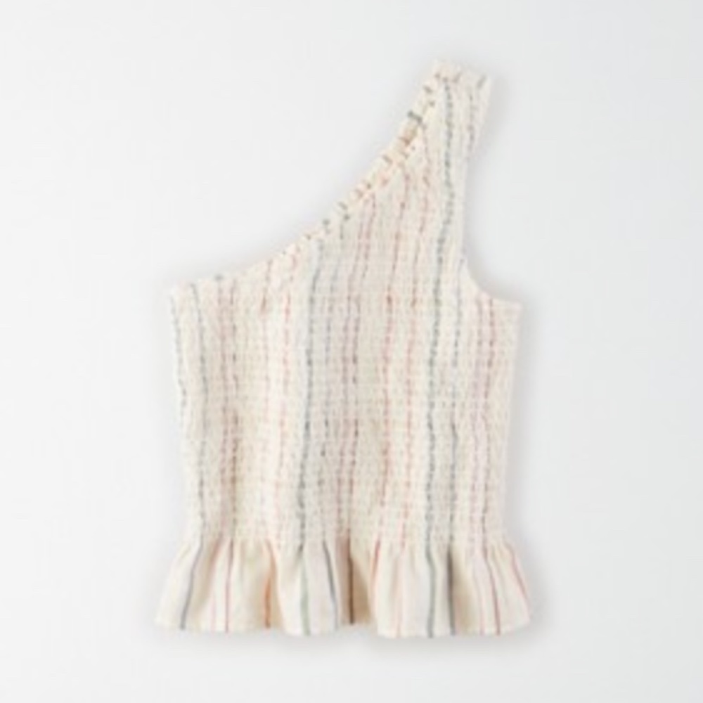 American Eagle AE Smocked One Shoulder Top in Cream - Picture 3 of 7